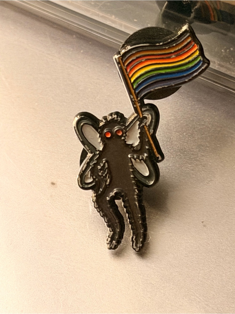 Black Enamel Mothman Pin w/ Rainbow Pride Flag, Metal, Asymmetrical